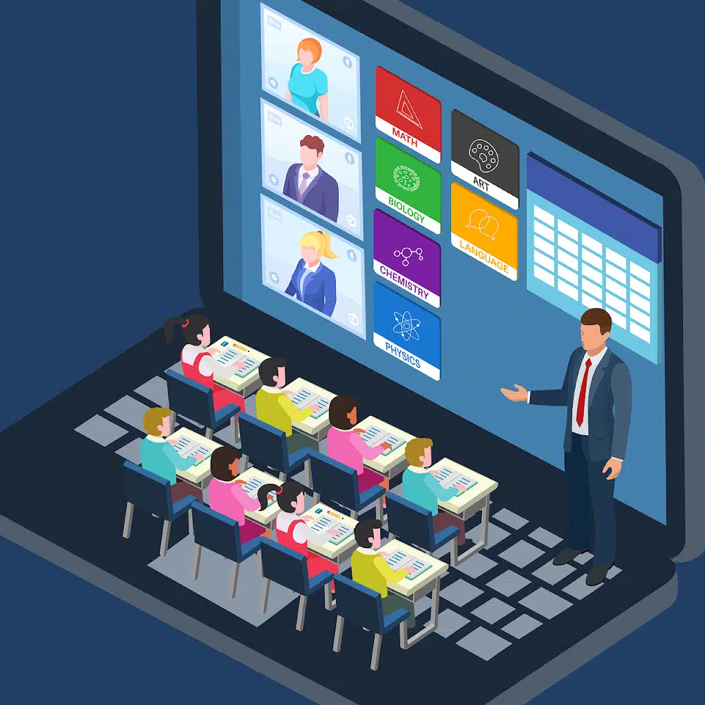 An illustration of an online classroom on a laptop screen, showing a teacher presenting to eight students at desks, symbolizing educational tech platforms requiring BAAs.