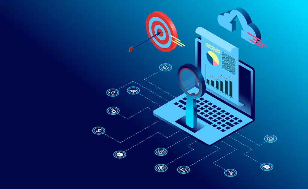 AI myth that extensive tech skills are required is debunked by this digital illustration of a laptop connected to data icons and a target, symbolizing that AI tools can be intuitive and accessible.