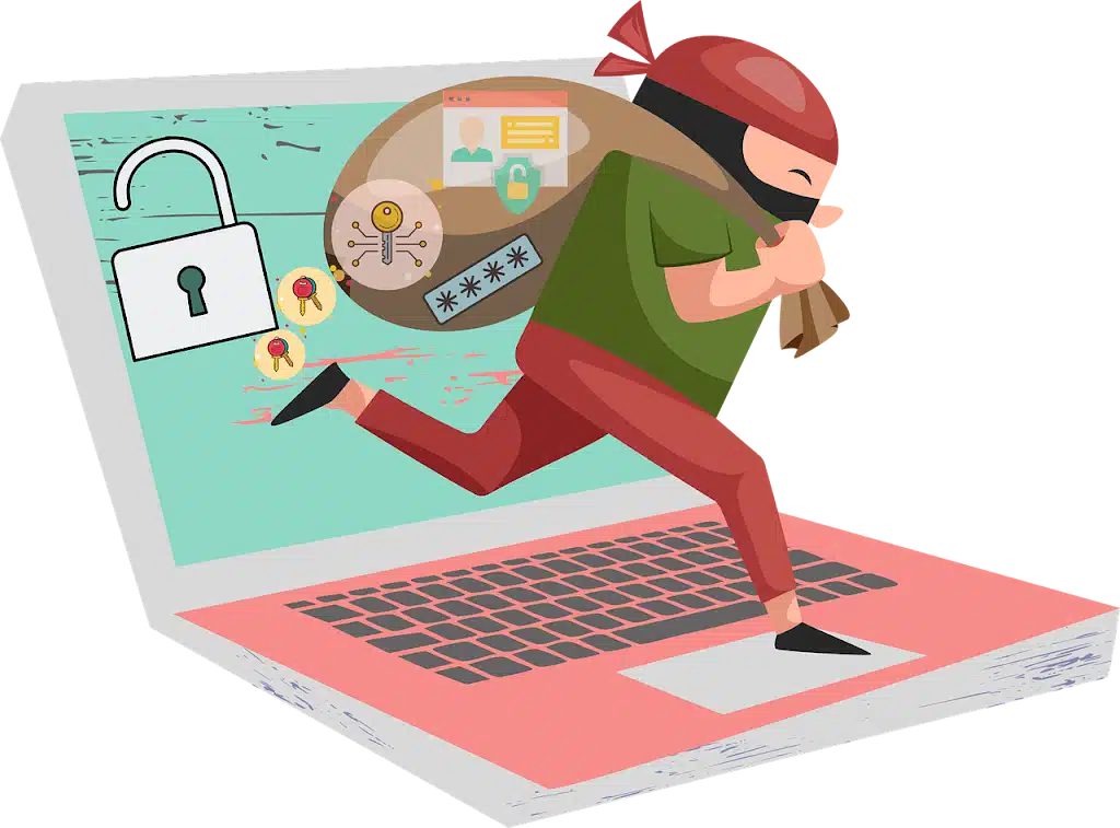 Illustration of a masked hacker emerging from a laptop screen with a bag of digital data and an unlocked padlock, symbolizing a cybersecurity breach and the critical need for a BAA.