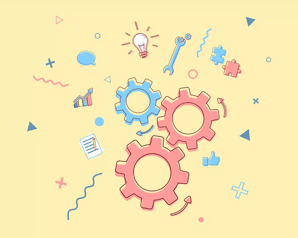 Colorful illustration featuring interconnected gears in blue and pink, surrounded by abstract shapes, a lightbulb, a wrench, and a document icon, all on a light yellow background, signifying learning while reading in speech therapy.