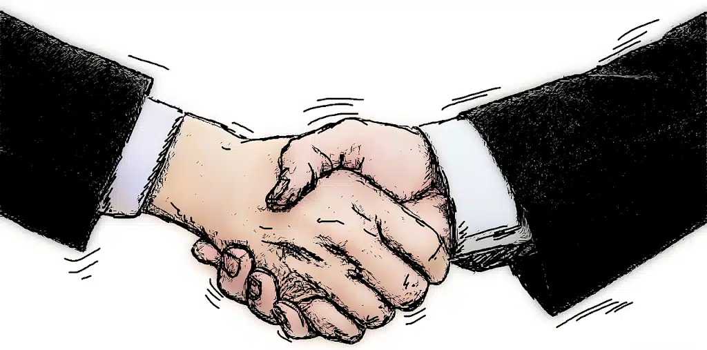 Cartoon illustration of two hands shaking, representing a formal business agreement or contract, like a Business Associate Agreement.