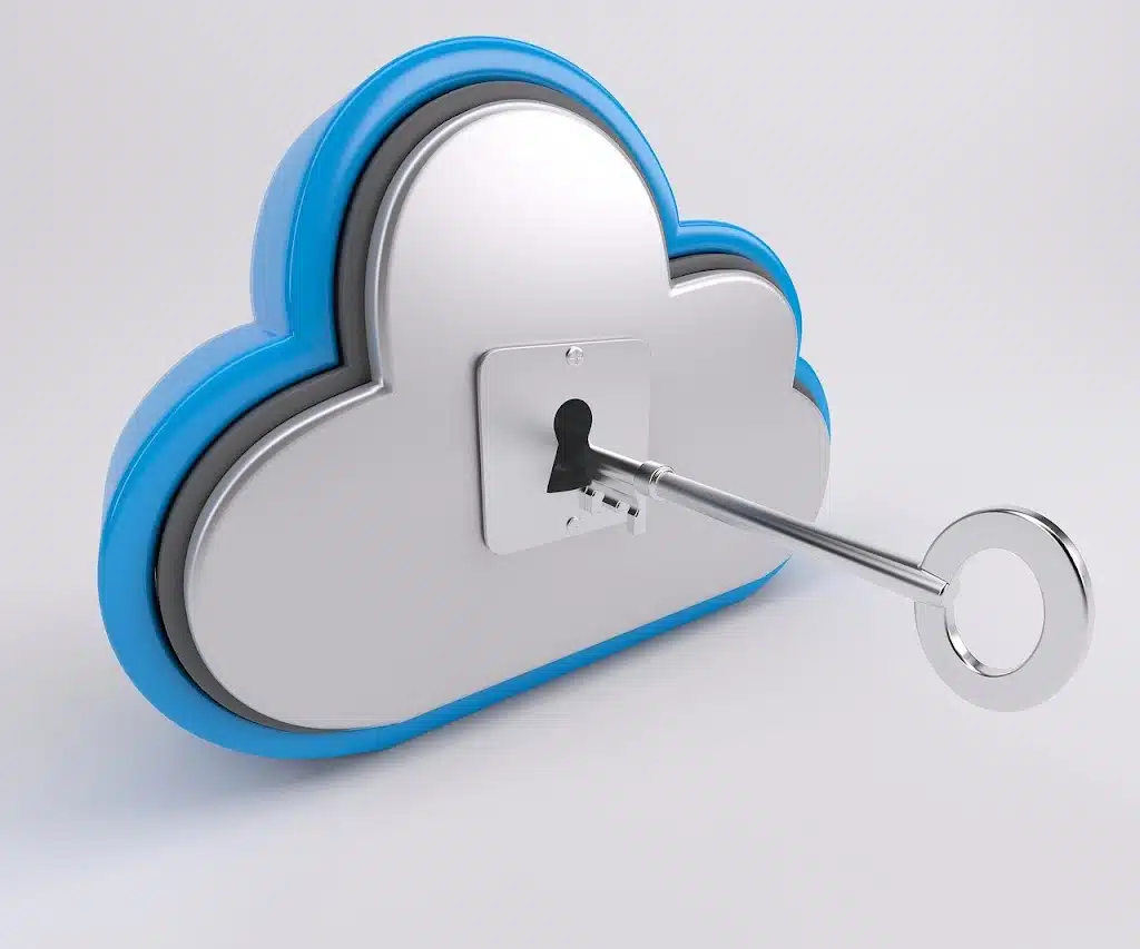 A 3D illustration of a blue and white cloud icon with a key inserted into a keyhole on its side, symbolizing secure cloud access.