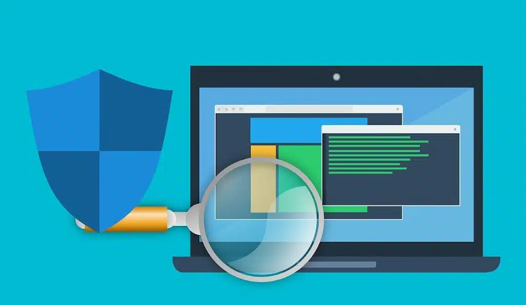 Digital illustration of a blue shield protecting a laptop screen with data and a magnifying glass, symbolizing secure and ethical data analysis, debunking the myth of inherently unethical AI.