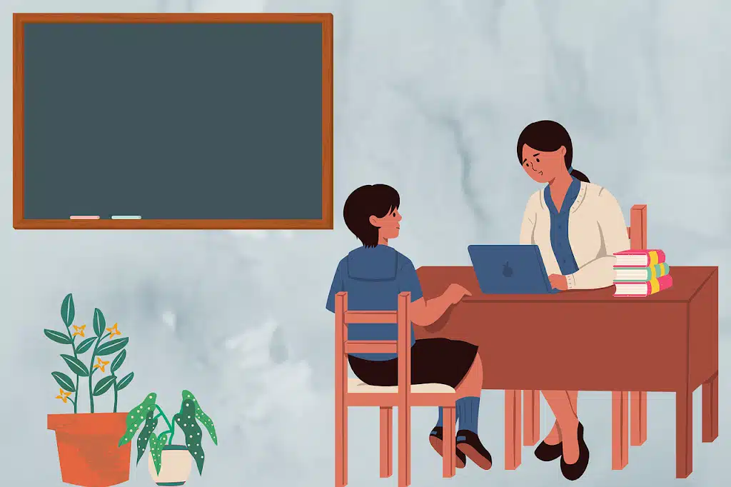Debunking the myth that AI-powered tools make therapy impersonal: illustration of a therapist and child connecting over a laptop, representing personalized instruction and warm human interaction in an educational setting.