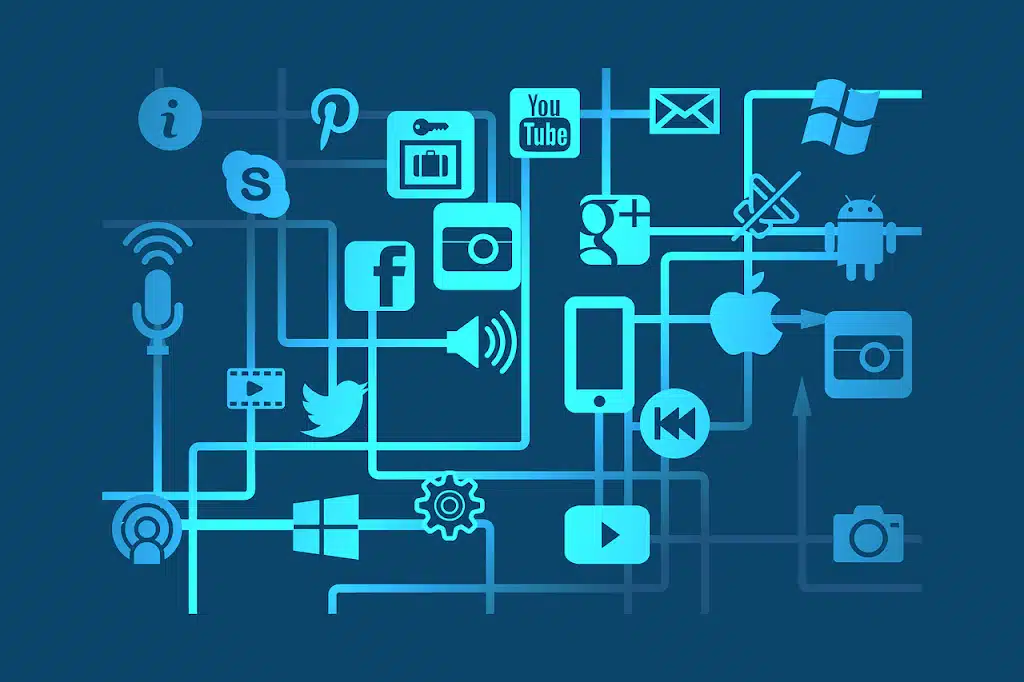 An intricate network diagram with glowing teal icons for cloud, email, social media, and communication apps on a dark blue background, symbolizing digital services potentially requiring a BAA.