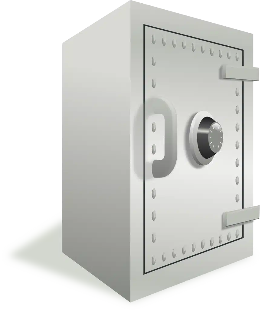 A large, grey, rectangular safe with a circular combination dial and heavy bolted door, casting a shadow on a light grey floor.