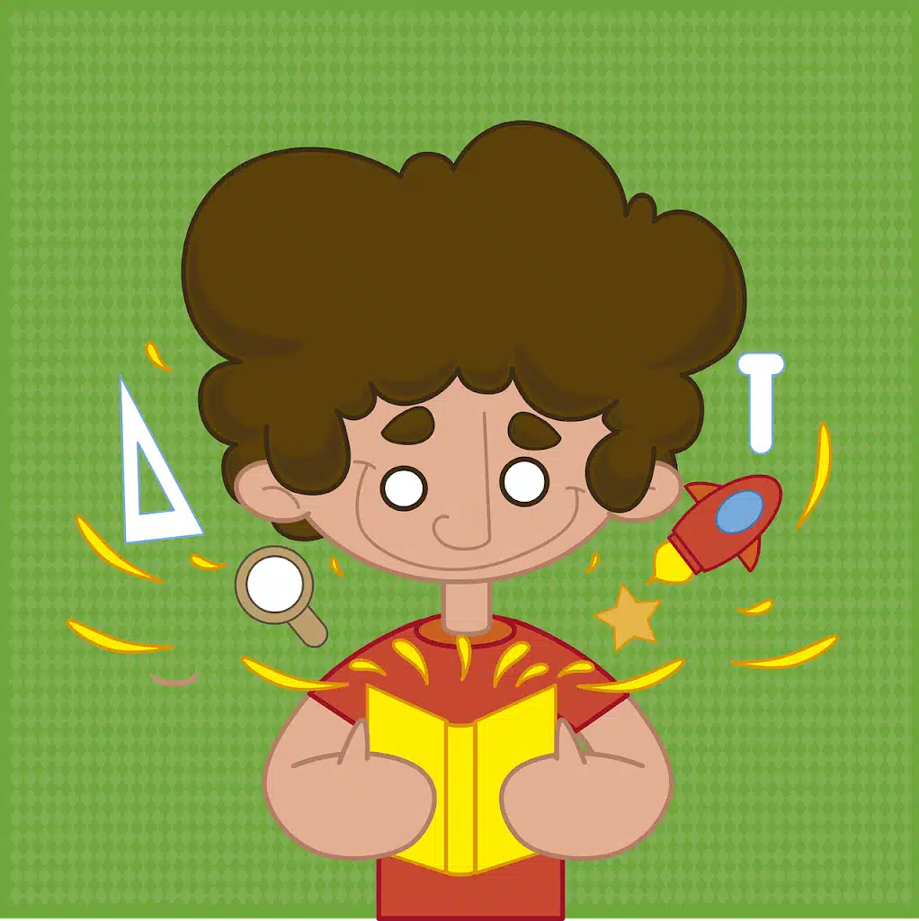 Stylized illustration of a smiling student reading a yellow book, with various learning and discovery icons (magnifying glass, rocket, star, triangle) floating around them on a green background, symbolizing the learning when reading in speech therapy.