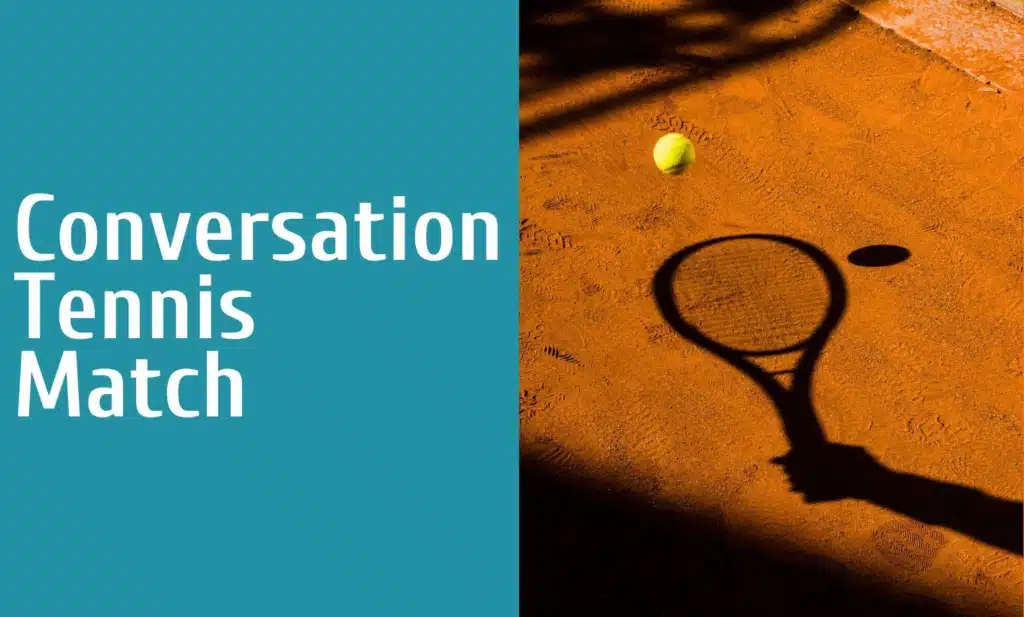 Cover of "Conversation Tennis Match" social story book, featuring a tennis ball and racket shadow on a clay court. By Jennifer Tillock (pen name Christine Tellach).