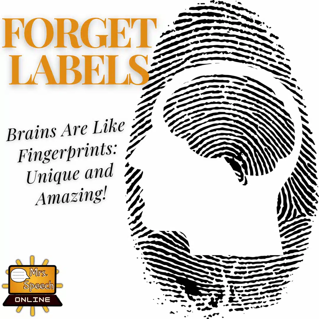 Custom illustration featuring the text 'FORGET LABELS! Brains are like fingerprints: Unique and Amazing.' The image shows a fingerprint pattern with a white profile of a human head inside it, where the fingerprint pattern continues within the brain area, symbolizing the unique individuality of every brain.