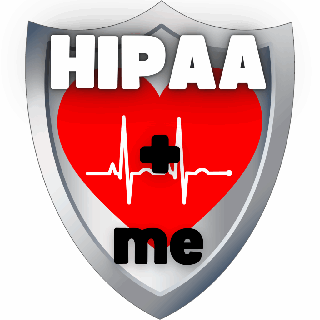 A gray shield icon with "HIPAA" in large white letters at the top, a red heart with a white electrocardiogram line and a black medical cross in the center, and "me" in large black letters at the bottom.