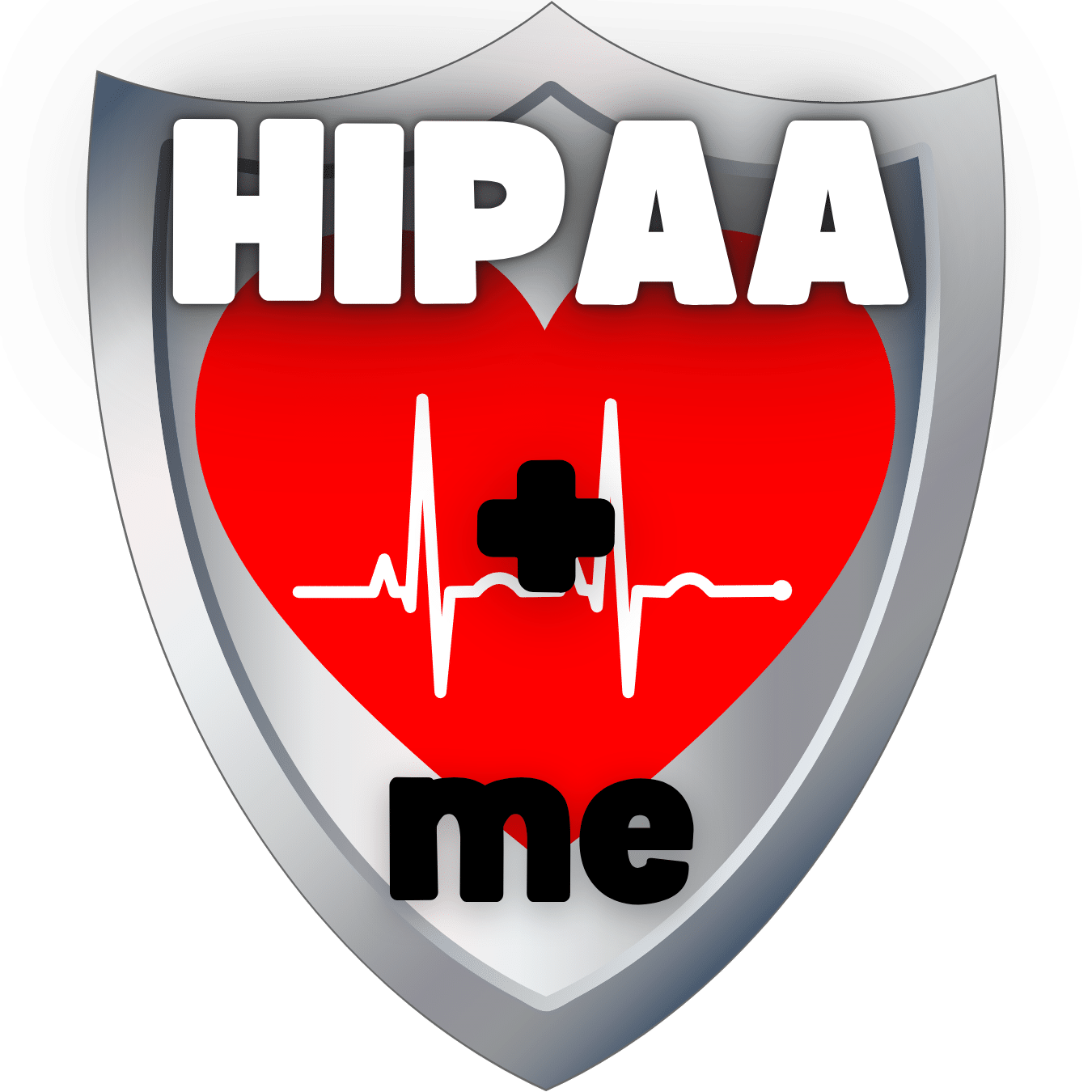 A gray shield icon with "HIPAA" in large white letters at the top, a red heart with a white electrocardiogram line and a black medical cross in the center, and "me" in large black letters at the bottom.