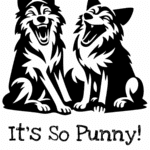 A black and white illustration on a white background showing two cartoon wolves laughing heartily, with the title "It's So Punny!" above them and "56 pages of puns" below.