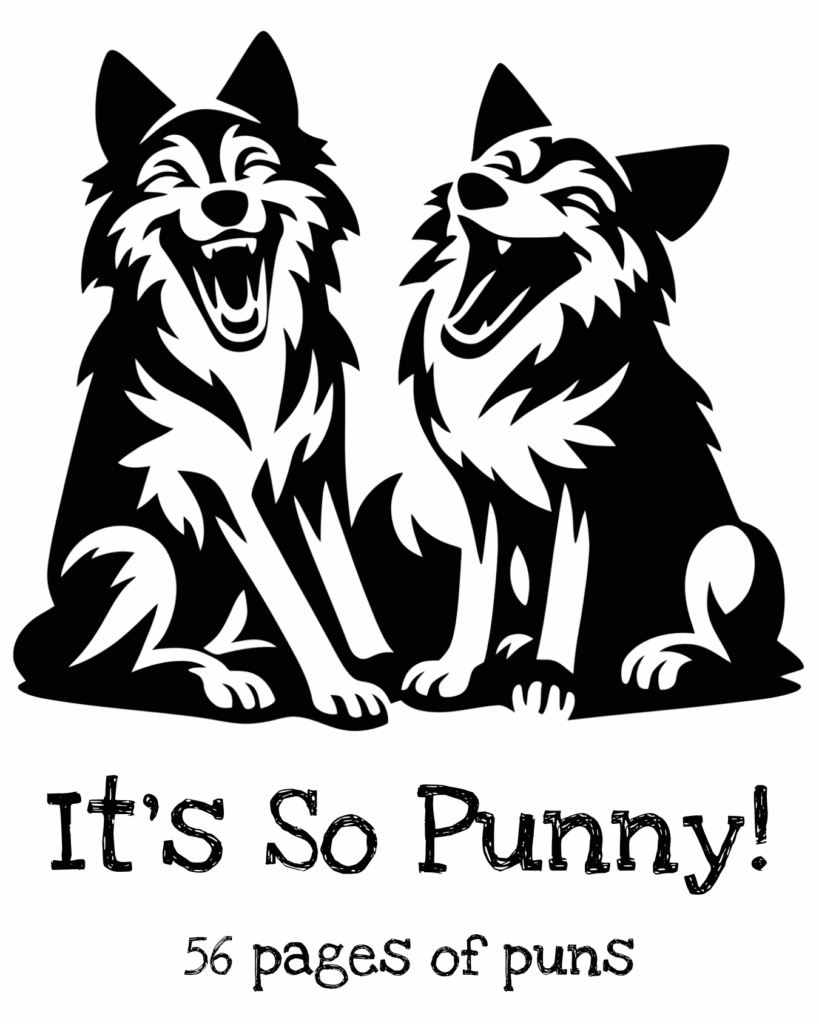 A black and white illustration on a white background showing two cartoon wolves laughing heartily, with the title 