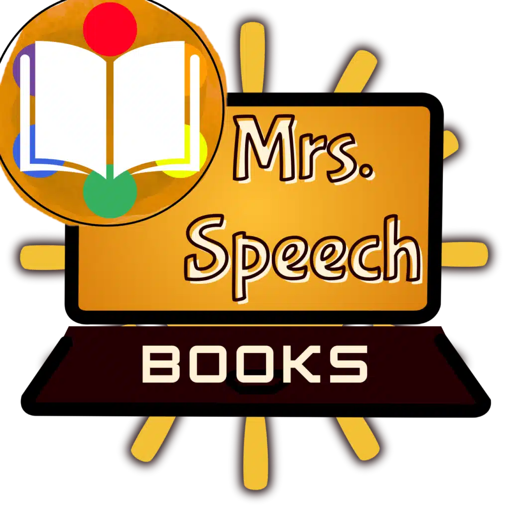 Mrs. Speech Books logo, featuring a laptop with an open book icon