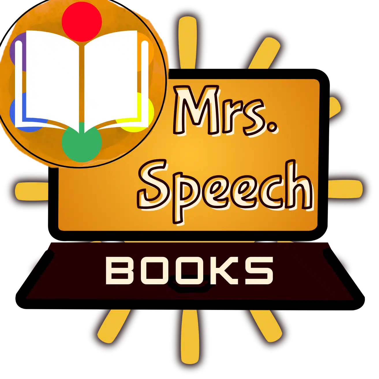 Mrs. Speech Books logo, featuring a laptop with an open book icon