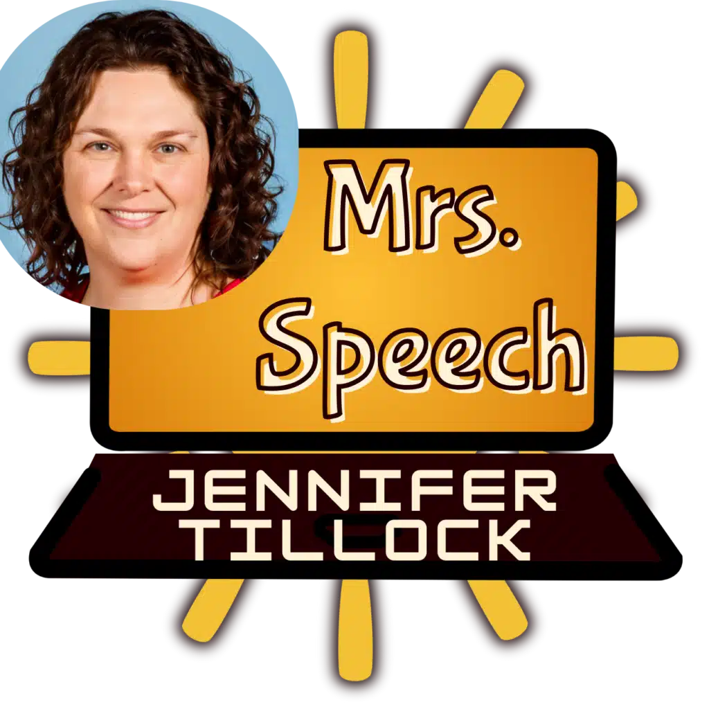 Mrs. Speech photo logo, featuring a laptop with Jennifer Tillock's photo