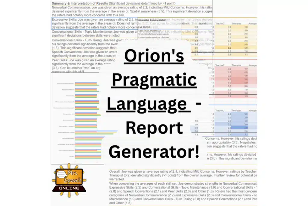 Cover for Orion's Pragmatic Language Report Generator, a tool for interpreting and reporting pragmatic language questionnaires
