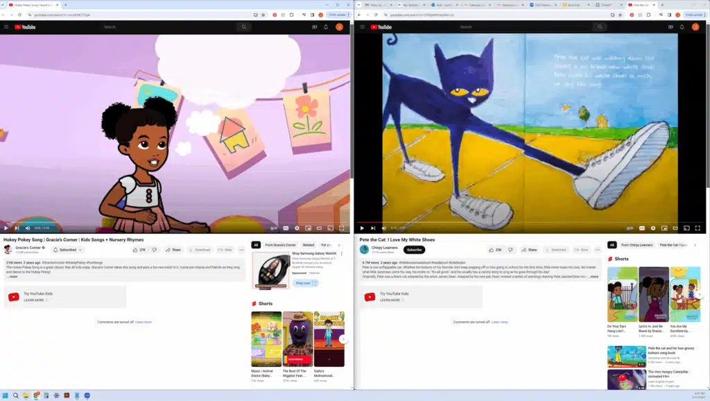 A split screen showing two active YouTube video players side-by-side: one playing 'Pete the Cat' and the other playing 'Gracie's Corner.'