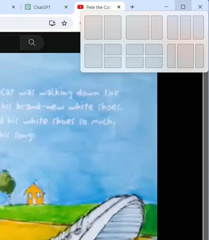 A partial screenshot showing a dropdown menu with split-screen layout options appearing when hovering over the maximize window icon.
