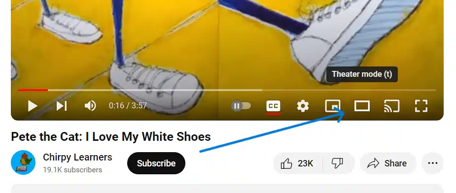 A partial screenshot of a YouTube video player's control bar, with the 'Theater Mode' icon highlighted.