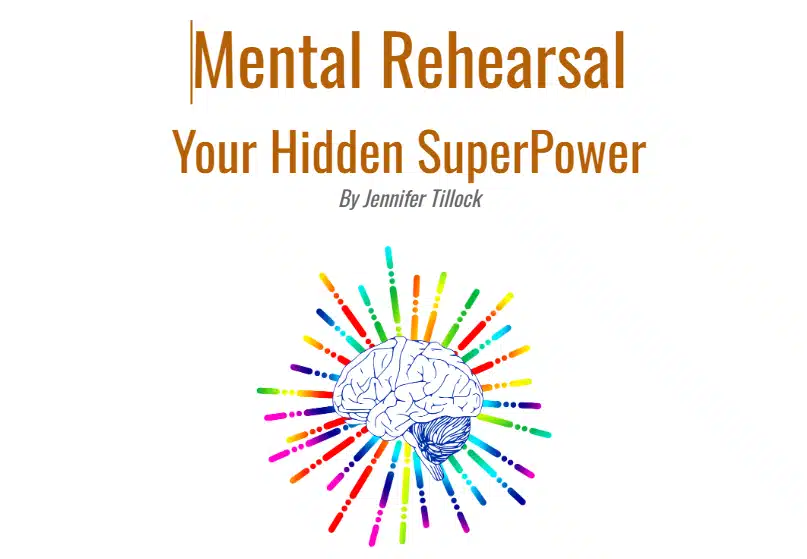 A product cover featuring the title "Mental Rehearsal Your Hidden SuperPower" in brown text above an illustration of a human brain with colorful, radiating lines, on a white background.