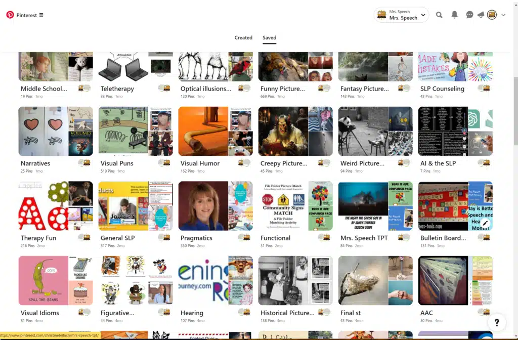 Screenshot of the Mrs. Speech Pinterest interface, displaying various boards filled with speech therapy activities, games, and resources for vocabulary development, grammar practice, social skills, and articulation therapy.