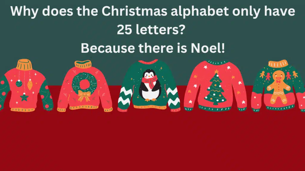 Screenshot of a Zoom virtual background showing a pattern of ugly Christmas sweaters with the pun 'Why does the Christmas laphabet only have 25 letters? Because there is Noel!'.