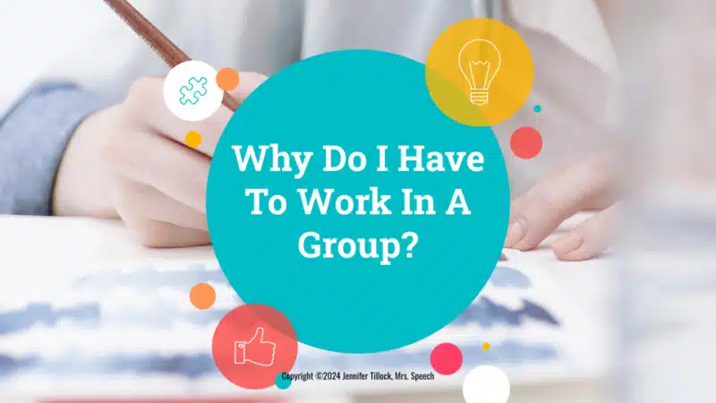 Cover of "Why Do I Have to Work In A Group?" book, featuring hands writing and illustrative icons, by Jennifer Tillock (pen name Christine Tellach).