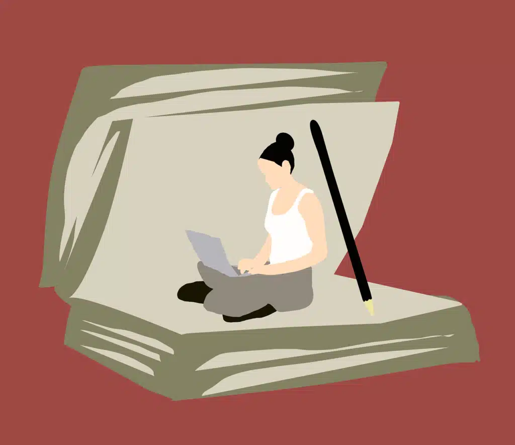 Stylized illustration of a person sitting on an open book using a laptop, with a large pen nearby, symbolizing writing, learning, and the blend of art and science in speech therapy.