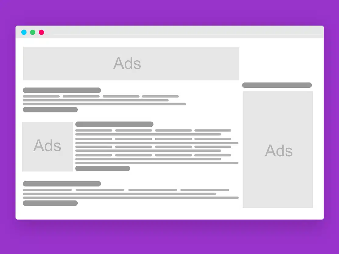 Illustration of a web page cluttered with multiple advertisements, symbolizing disruptive online ads.