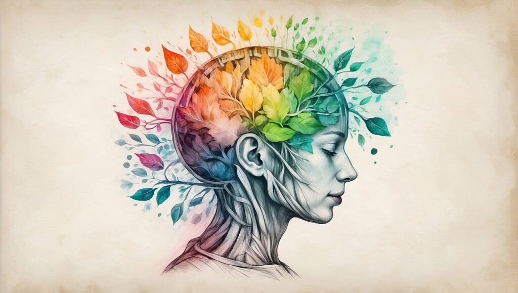 Stylized ink drawing of a human profile on antiqued paper, with roots extending from the neck and jaw, and colorful rainbow-colored leaves filling the brain area and growing outwards, symbolizing the organic growth of knowledge through learning.