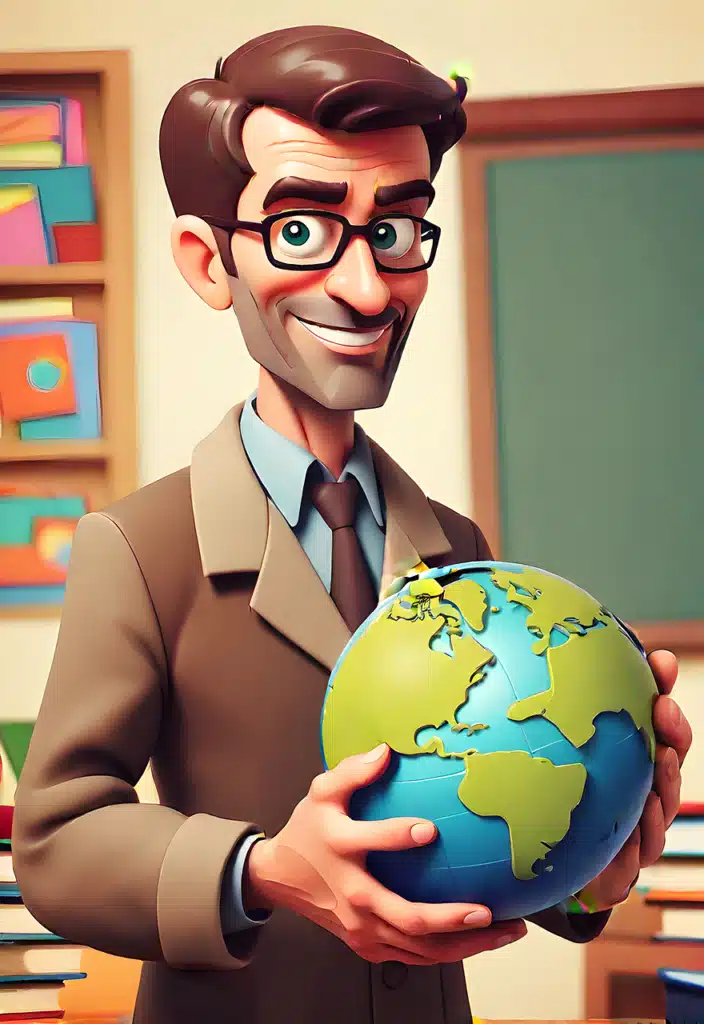 A friendly cartoon male teacher with glasses smiles while holding a large blue and green globe, symbolizing a passionate educator's dedication to inspiring young minds and global learning.