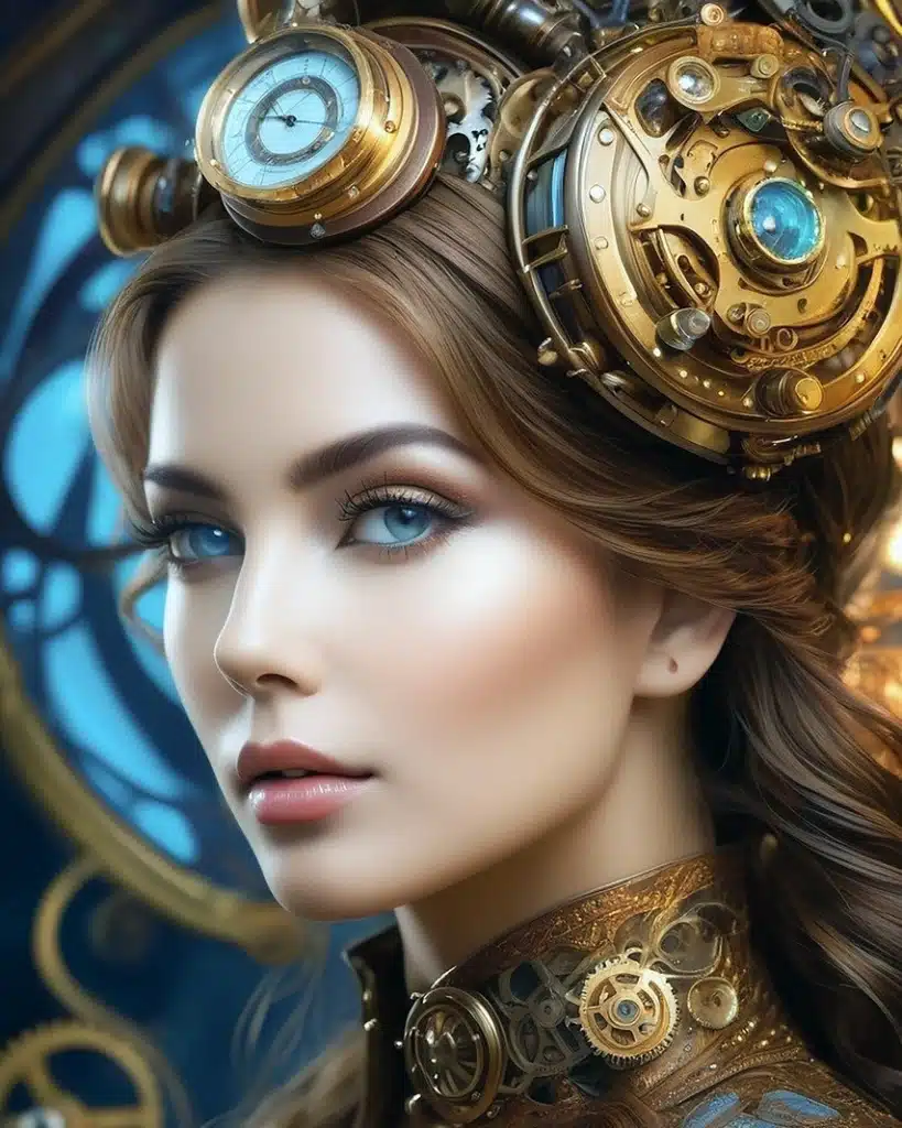an ai generated image of a beautiful woman wearing an intricate steampunk-inspired headpiece adorned with gears, clocks, and ornate details against a blue background.