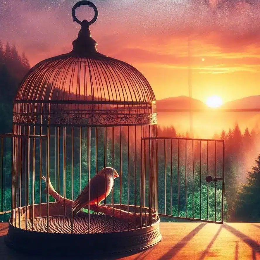 A stylized image of an antique birdcage with its door open, and a bird perched inside looking towards a vibrant sunset landscape, symbolizing teacher autonomy, freedom, and reigniting passion.