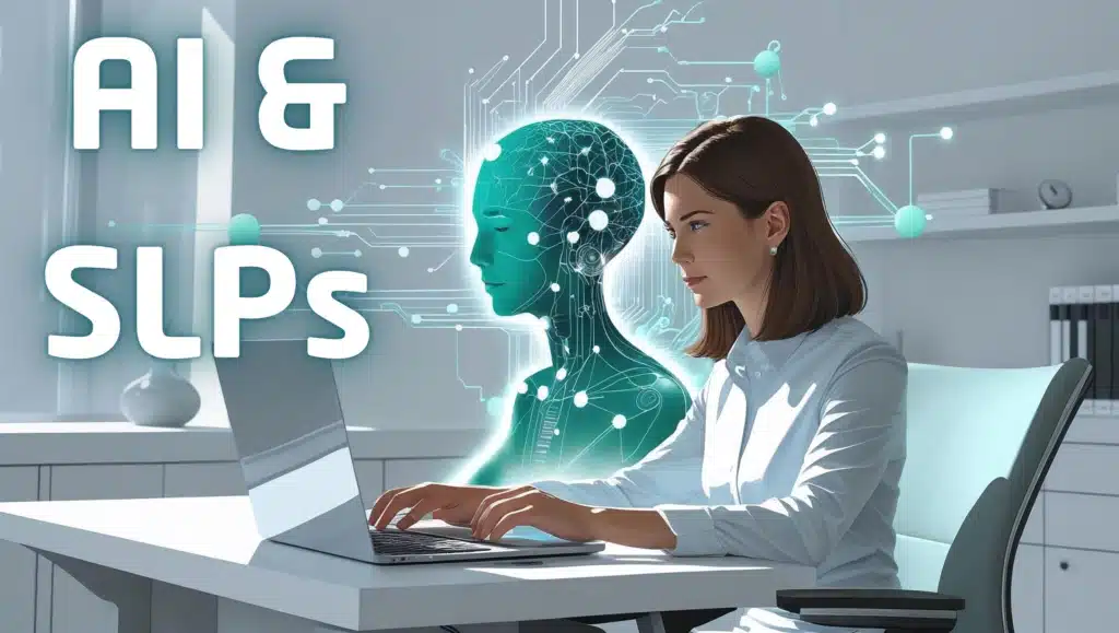 Stylized illustration of a female SLP working at a laptop, with a glowing, translucent AI figure behind her, symbolizing AI as a supportive assistant. Text reads: 'AI & SLPs'.