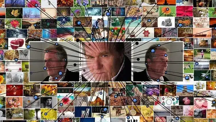 A vast collage of numerous small, diverse photographs forms a grid, with three identical, larger images of a man's face prominent in the center. Lines with small blue nodes extend outwards from the central faces, symbolizing how various pictures and concepts can be interconnected for speech therapy activities.