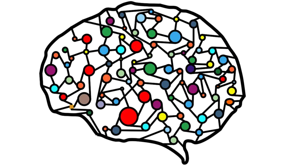 Illustration of a human brain shape filled with numerous interconnected, multicolored circles, symbolizing complex thoughts or neural connections.