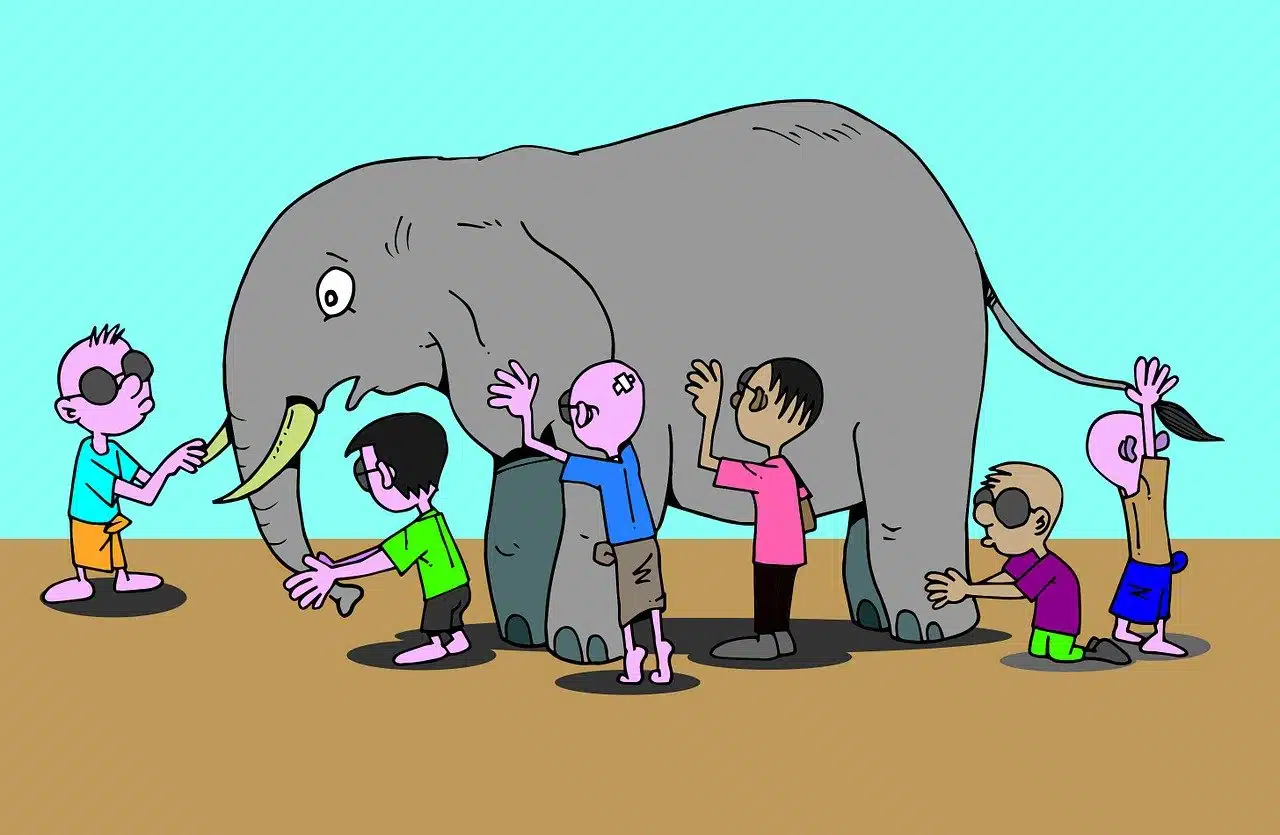 A cartoon illustration depicting several people in dark glasses each touching a different part of a large gray elephant, such as its trunk, leg, ear, and tail.
