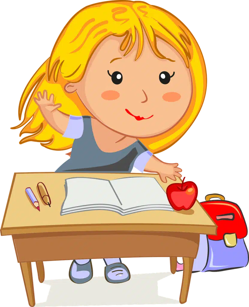 Cartoon image of a smiling girl at a school desk eagerly raising her hand, symbolizing a child's enthusiasm for learning.