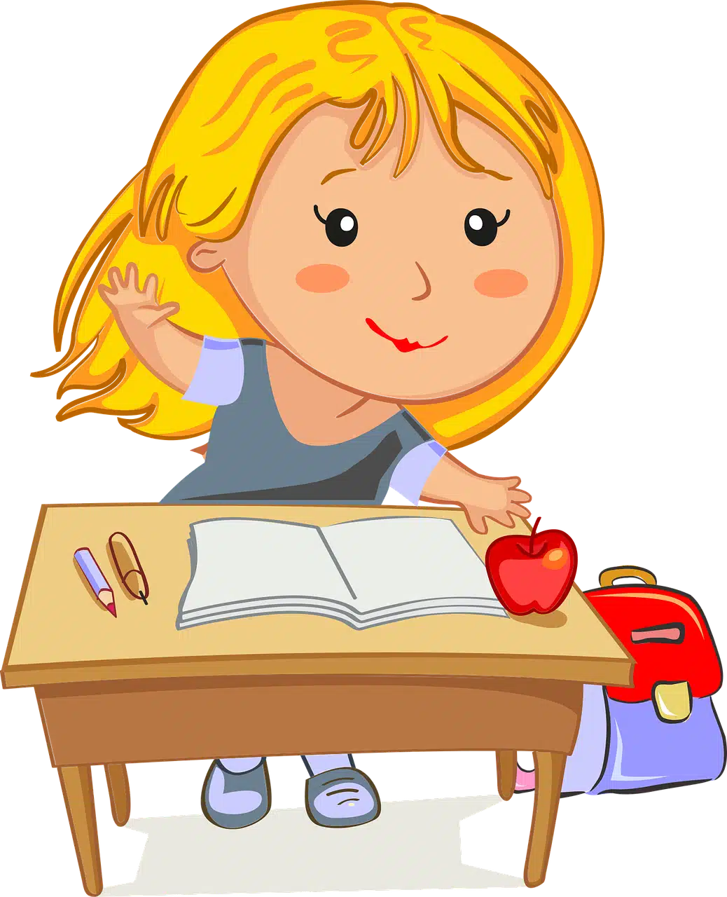 Cartoon image of a smiling girl at a school desk eagerly raising her hand, symbolizing a child's enthusiasm for learning.
