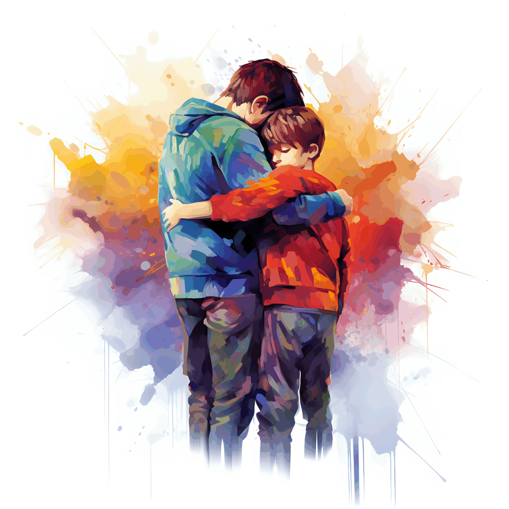 Vivid stylistic painting depicting an older boy gently embracing a younger boy, symbolizing deep empathy and supportive connection.