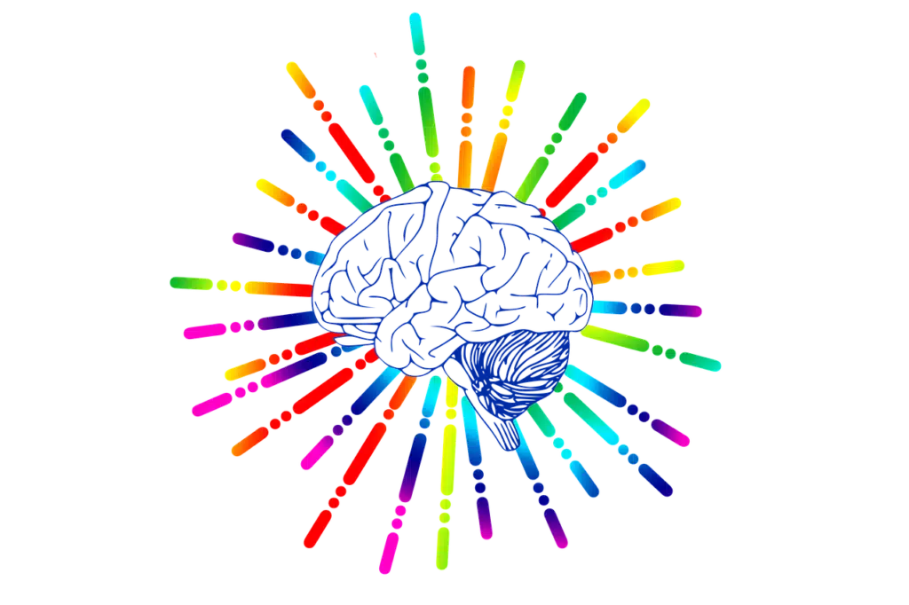 An outline illustration of a human brain with colorful, radiating lines representing neural pathways and activity, symbolizing mental rehearsal and its impact on brain function for communication skills.