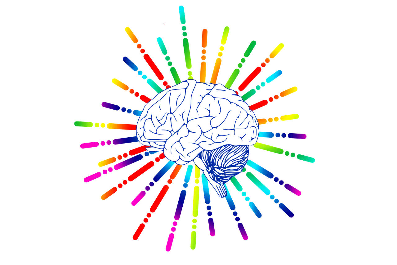 An outline illustration of a human brain with colorful, radiating lines representing neural pathways and activity, symbolizing mental rehearsal and its impact on brain function for communication skills.