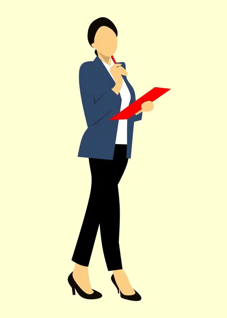 A minimalist illustration of a woman in a business casual outfit, holding a red clipboard and a pen to her chin as if in thought or planning.