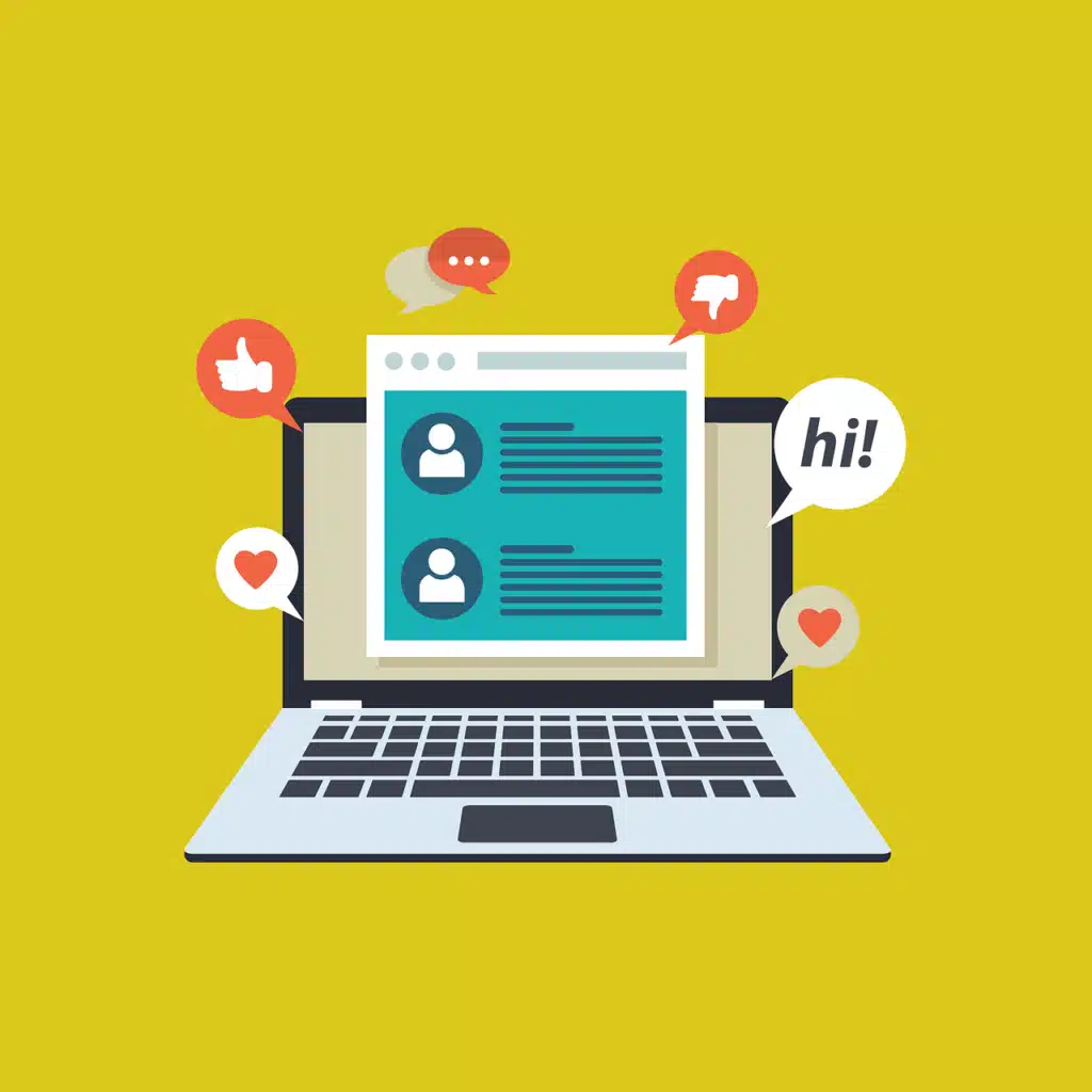 A laptop displaying a simple online interface with user icons and text blocks, surrounded by social media-style icons (like, heart, speech bubbles, thumbs down), symbolizing the variety of online resources speech-language pathologists can provide.
