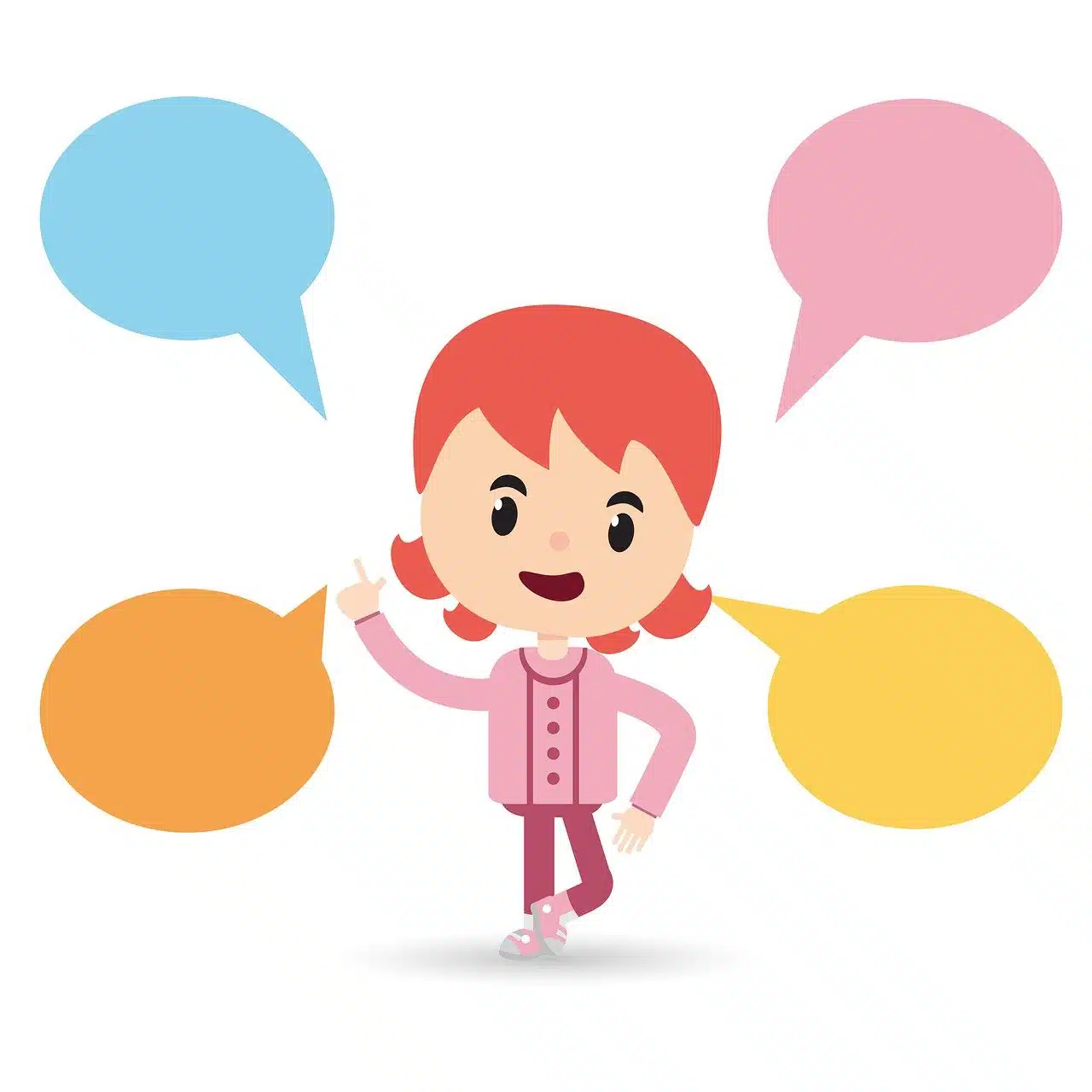 Cartoon of a girl with many colorful speech bubbles floating around her, symbolizing diverse communication and empowering kids who stutter.