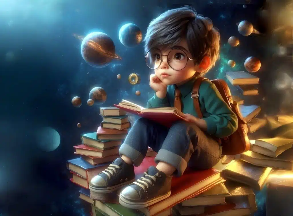 A young boy with glasses sitting thoughtfully on a stack of books, reading a book, surrounded by floating planets and books in a whimsical, starry environment.