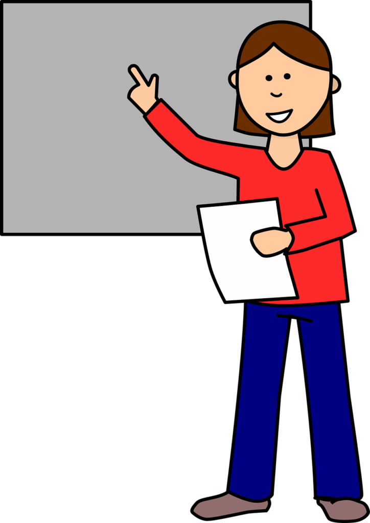 Cartoon illustration of a teacher pointing to a gray board in a classroom setting.