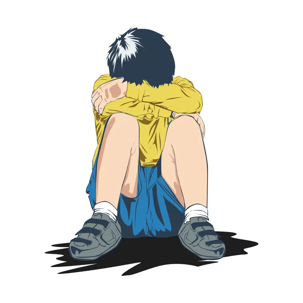 Illustration of a boy sitting on the floor, clearly upset, with his head down and arms on his knees.