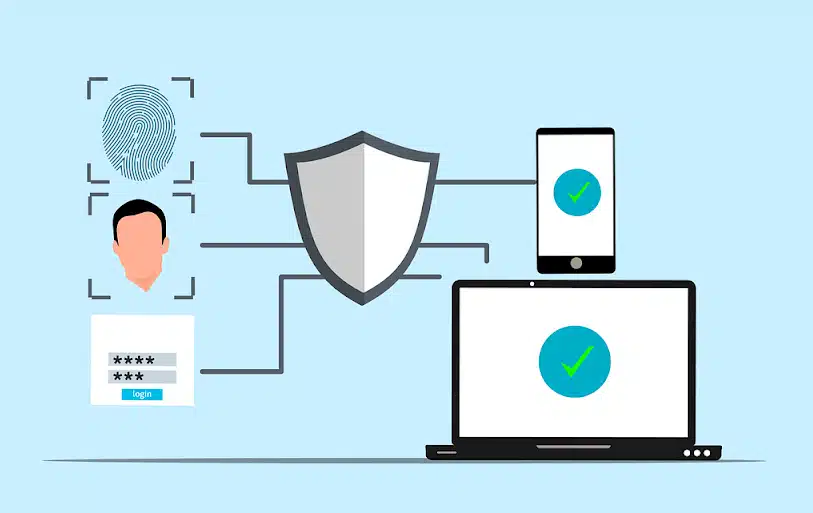 An illustration of a shield protecting various digital devices and login methods, representing comprehensive cybersecurity and secure data access when using ai for client data.